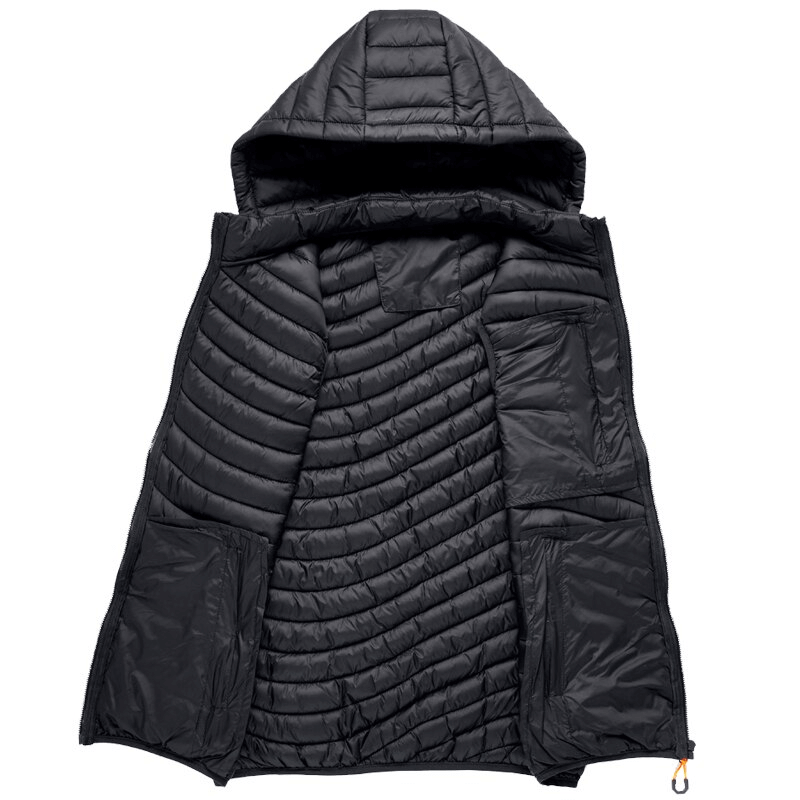 Open view of a stylish black men's vest with hood and zippered pockets, made from high-quality nylon. Ideal for hiking and outdoor activities.